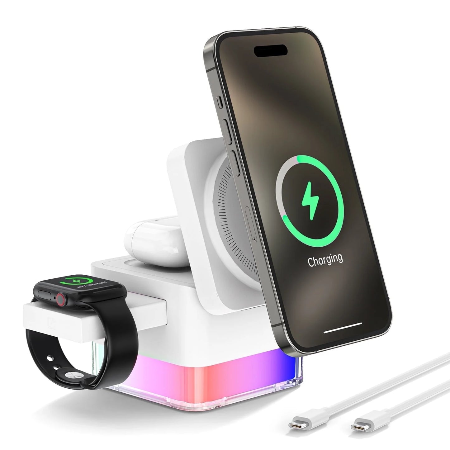 Wireless Charging Station, 3 in 1 Wireless Charger Stand for Multiple Iphone Devices, Wireless Charger for Iphone 16/15/14/13/12/Pro/Pro Max, Iwatch 10/SE/9/8/7/6/5/4/3/2, Airpods 2/3, White