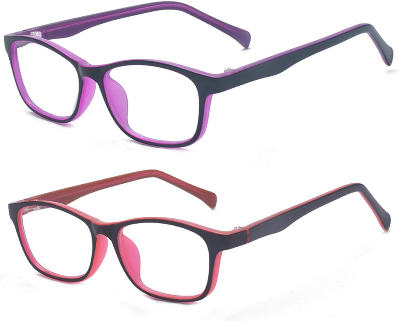 2 Pack Kids anti Blue Light Glasses Classic Rectangle Eyewear anti Harmful Blue Light/Uv400 | anti Glare (Purple+Red, 47)